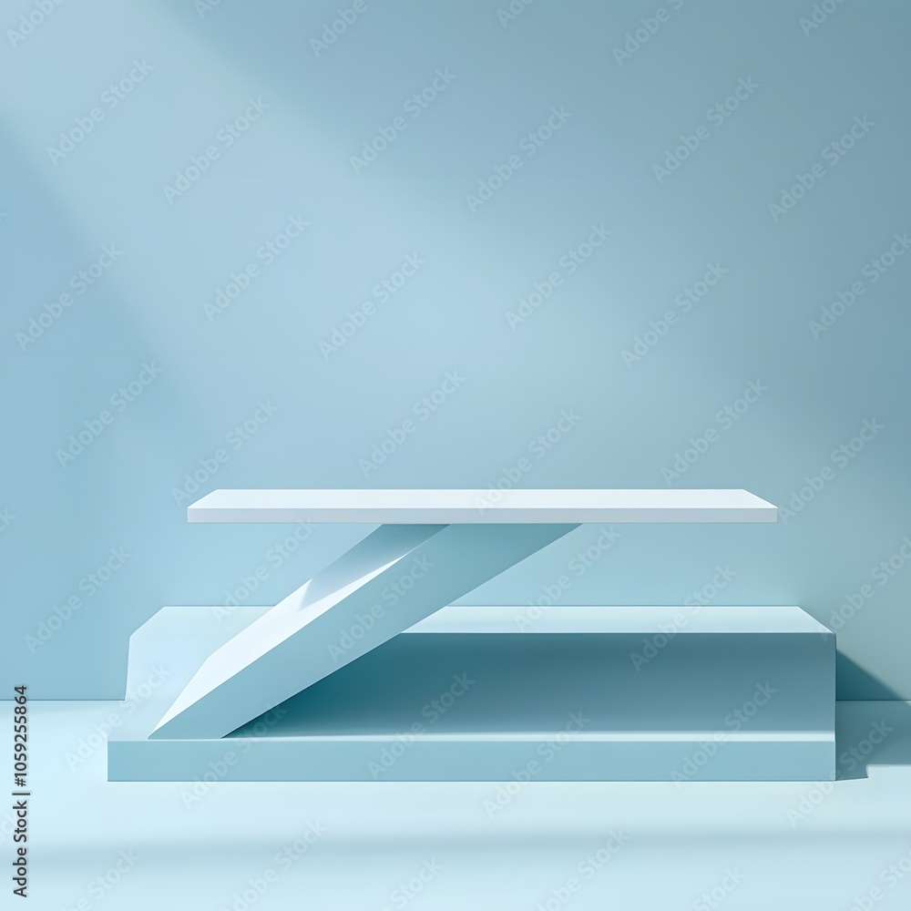 Aufkleber a 3d podium white rectangular table is balanced on the edge of an angled blue platform, in a minimal