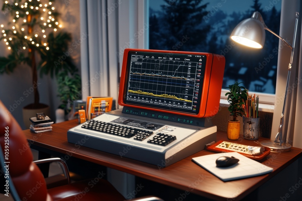 Aufkleber Vintage-style illustration of organized data tables and charts on a retro computer screen, capturing the timeless essence of structured data storage, symbolizing nostalgia and order