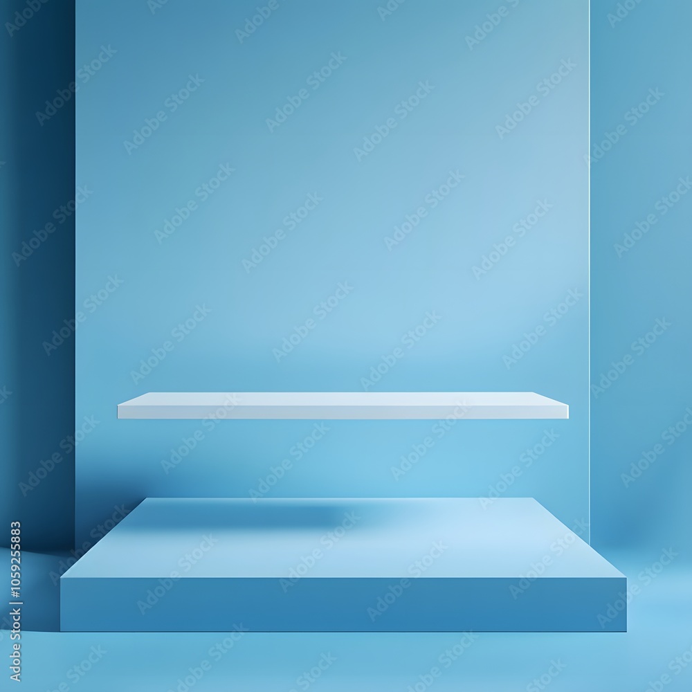 Poster a 3d podium white rectangular table is balanced on the edge of an angled blue platform, in a minimal