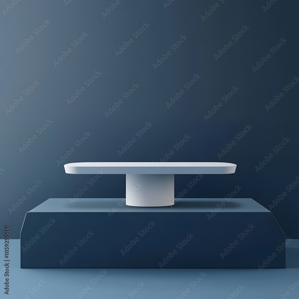 Poster a 3d podium white rectangular table is balanced on the edge of an angled blue platform, in a minimal