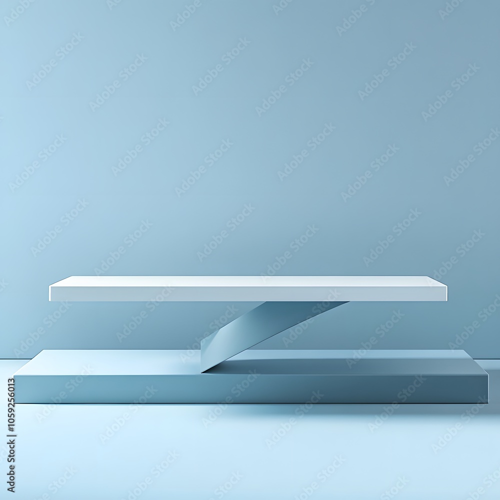Aufkleber a 3d podium white rectangular table is balanced on the edge of an angled blue platform, in a minimal