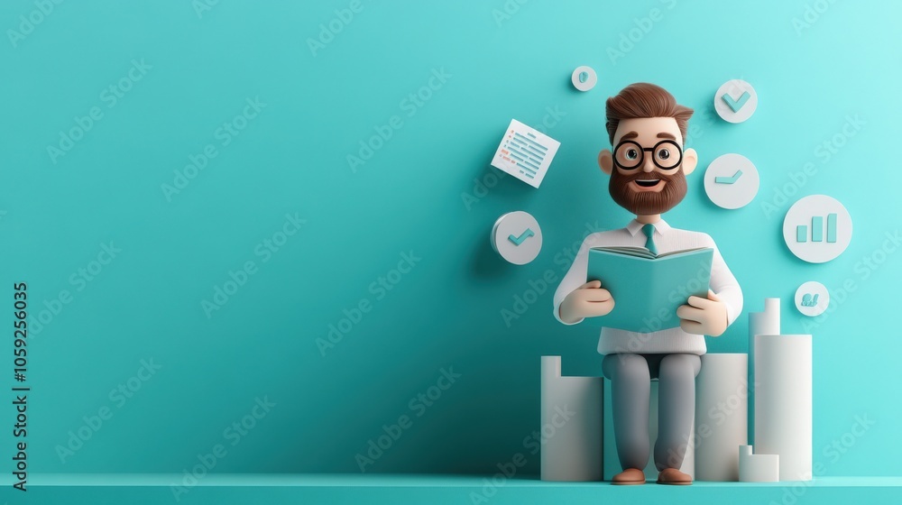 Poster Engaging with knowledge a 3d character reading in a vibrant setting