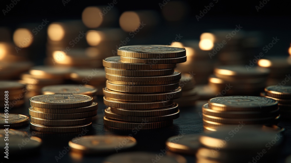 Poster Shimmering stacks of coins reflecting wealth and prosperity in a darkened setting
