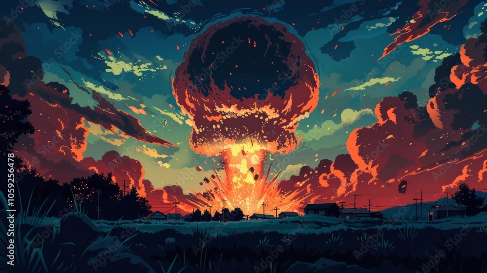 Wall mural an image of a nuclear explosion at sunset, creating a massive mushroom cloud and devastating surroun