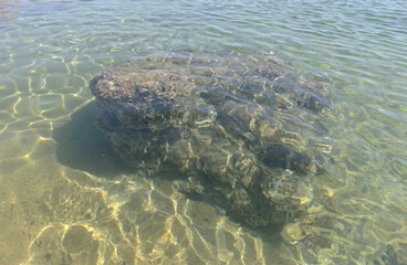 marine summer vision of the reflections of a rock under the water