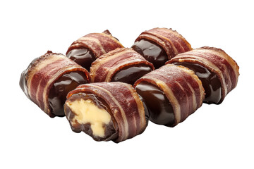 Baconwrapped dates with cheese filling, PNG isolated on transparent background, white background.