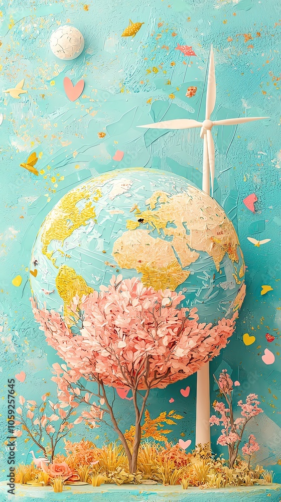 Wall mural net zero climate policy illustration, colorful globe with wind turbine and flowers