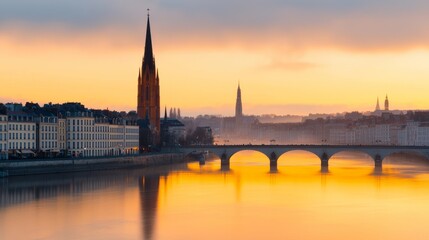 A misty sunrise over a city with a bridge and a tall church spire reflecting in the water.