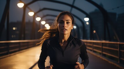 Fototapeta premium A determined woman catches her breath during an evening run on a lit urban bridge, embodying endurance.