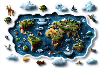 a 2D cartoon illustration of a globe showing continents and oceans for geography class educational and engaging white background