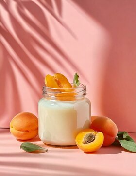 Yogur con fruta en frasco con luz de sol y fondo rosa