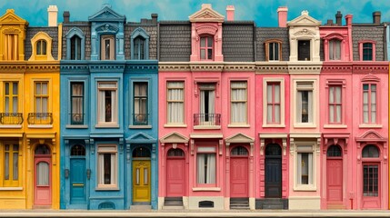 Fototapeta premium A row of colorful houses with blue, yellow, pink, and white exteriors.