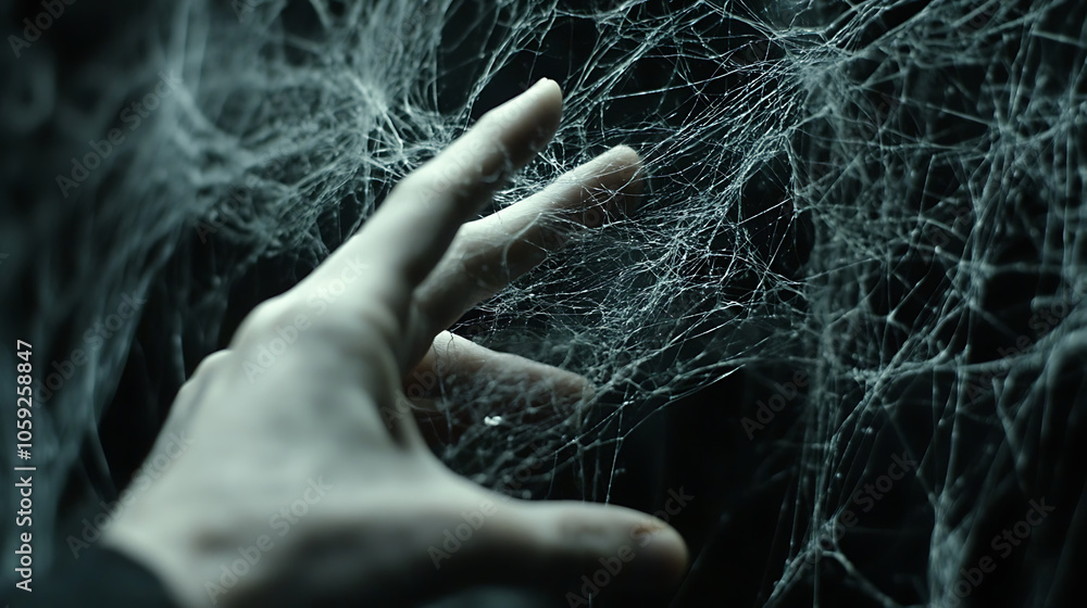 Poster hand reaching out to touch delicate web, symbolizing connection and fragility. intricate strands gli