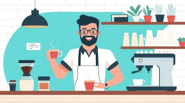 Cheerful barista serving coffee samples at new cafe, grand opening excitement