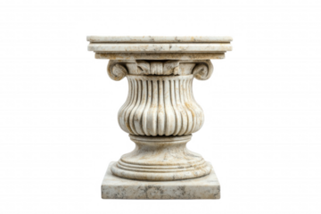 A classic, white marble pedestal with intricate carvings and a square base, isolated on transparent or white background