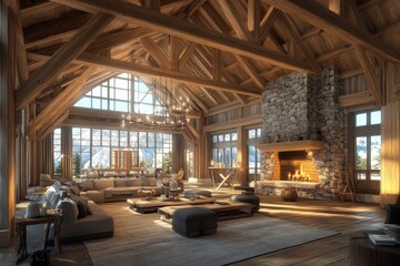 Fototapeta premium Cozy Rustic Living Room Interior With Fireplace And Mountain View