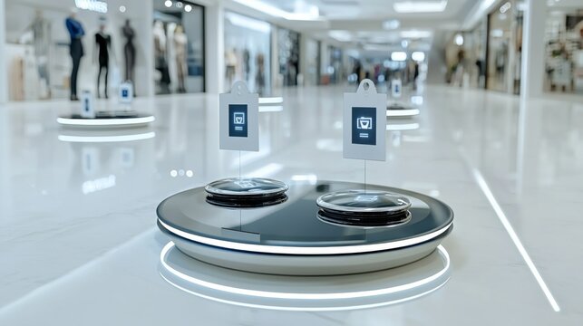 Modern Shopping Mall Scene with Digital Tags