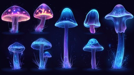 Fototapeta premium Colorful Neon Mushrooms on Dark Background
