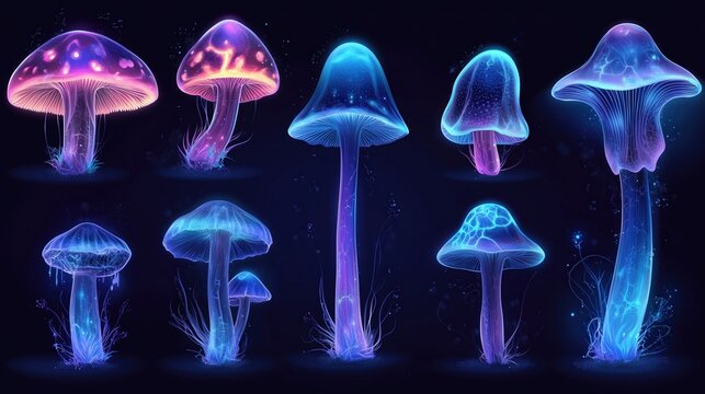 Colorful Neon Mushrooms on Dark Background