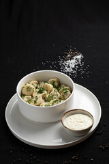 Traditional Russian Dumplings with Creamy Sauce in White Bowl.