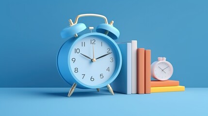A 3D composition featuring an alarm clock and calendar, emphasizing the concepts of time management and organization in a colorful, minimalist style.
