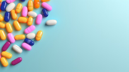 Obraz premium A vibrant collection of assorted pills and capsules scattered on a pastel blue background, symbolizing health, medicine, and diversity in wellness.