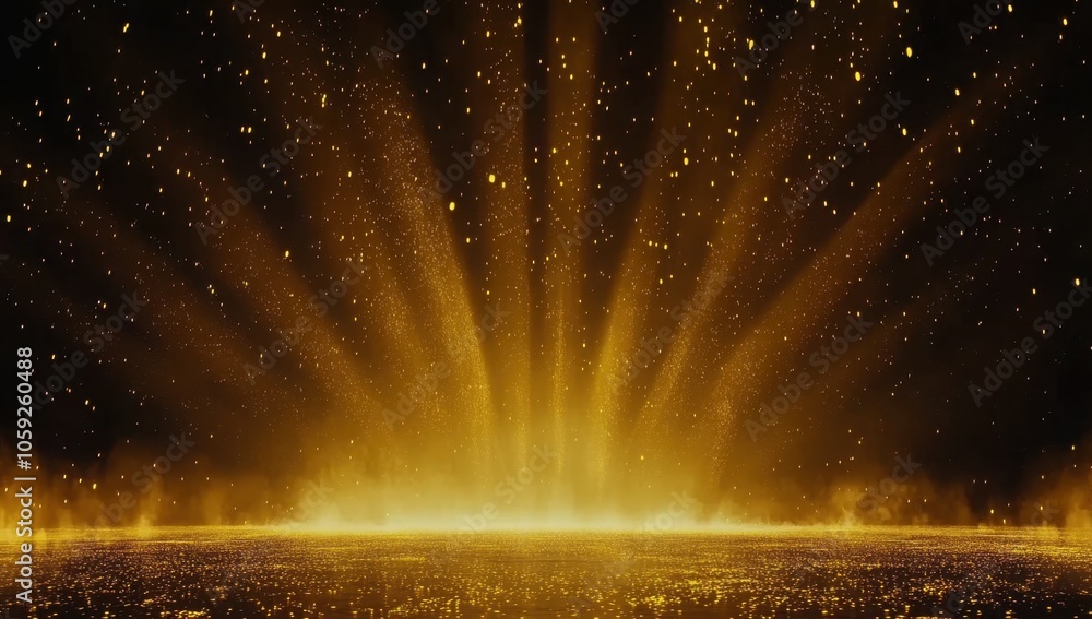 Poster black background, golden light rays shining down from the top of the screen, a large number of gold 