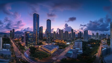 Fototapeta premium A panoramic view of a city skyline at dusk with skyscrapers, roads, and traffic.