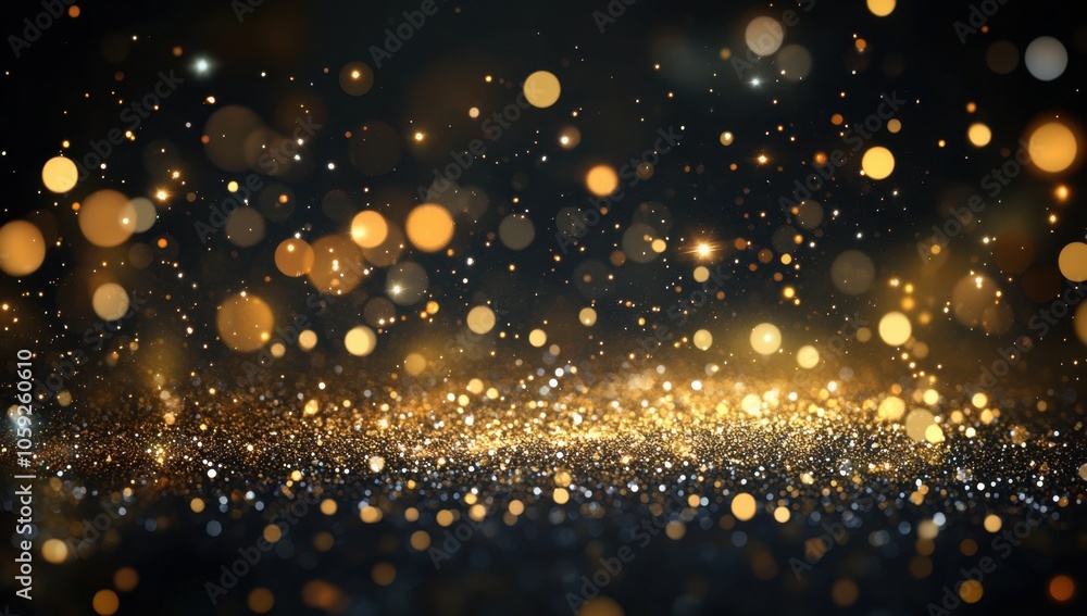 Poster a black background with golden glitter falling from the top, creating an elegant and glamorous atmos