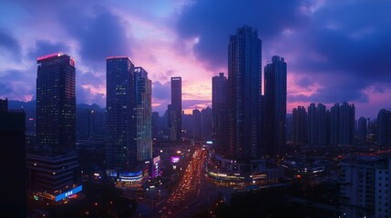 Obraz premium A panoramic view of a city skyline with tall buildings and streetlights, during a colorful twilight sky.