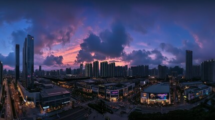 Obraz premium A panoramic view of a modern city skyline at dusk, with vibrant pink and purple clouds in the sky.
