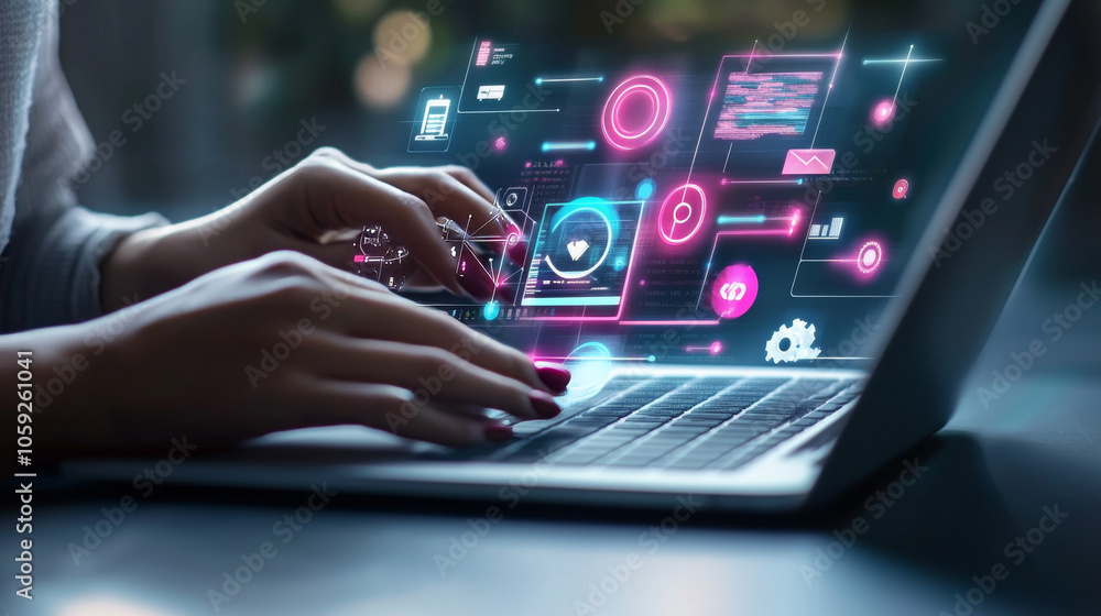 Aufkleber using a laptop, a person is searching for information online. this process involves seo (search engi
