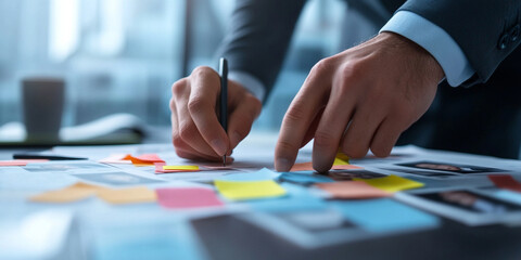 Detective analyzing evidence with sticky notes and photographs, focused on investigation details. atmosphere is intense and methodical