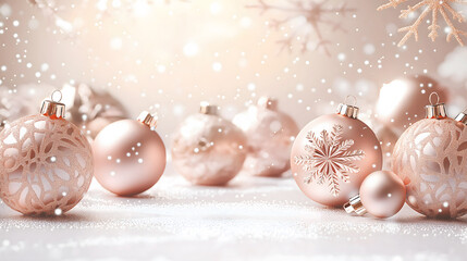 rose gold Christmas baubles with intricate patterns on a snowy surface, sparkling with festive lights, capturing the holiday spirit. Christmas background.
