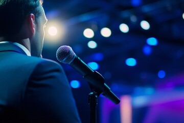 Obraz premium A speaker at a podium prepares to address an audience under vibrant stage lights, microphone in hand, showcasing anticipation and engagement.