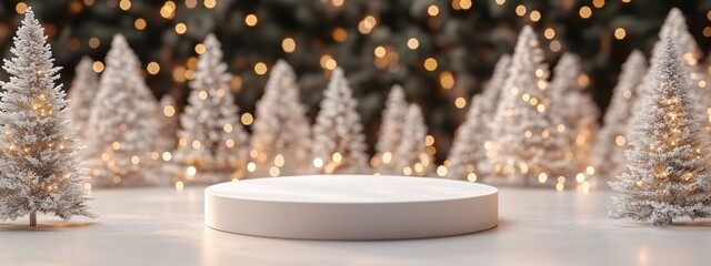 Round Podium with Christmas Tree Bokeh Light Background, Christmas Background with Pine Tree for Banner