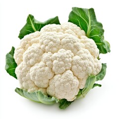 Fresh cauliflower head with leafy greens, known for its unique texture and versatility in cooking, often used in salads, soups, and healthy dishes.