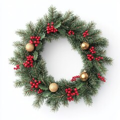 A decorative Christmas wreath adorned with red berries and gold ornaments.
