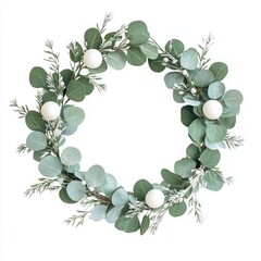A decorative wreath featuring eucalyptus leaves and white ornaments.