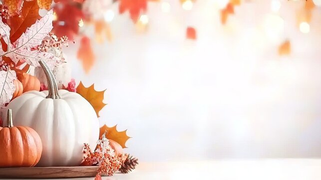 White pumpkin with orange pumpkins and fall leaves on a white background with bokeh lights.