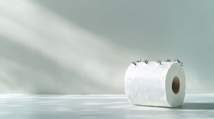 toilet paper roll with sharp spikes on light background, hemorrhoid concept, copy space