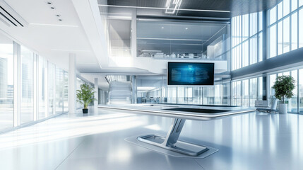 Fototapeta premium The office is modern and empty, with an open ceiling. It has a table that goes up and down automatically and a flat screen TV.