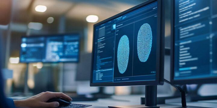 Fingerprint analysis software displayed on computer screen, showcasing detailed fingerprint patterns and data analysis in modern workspace