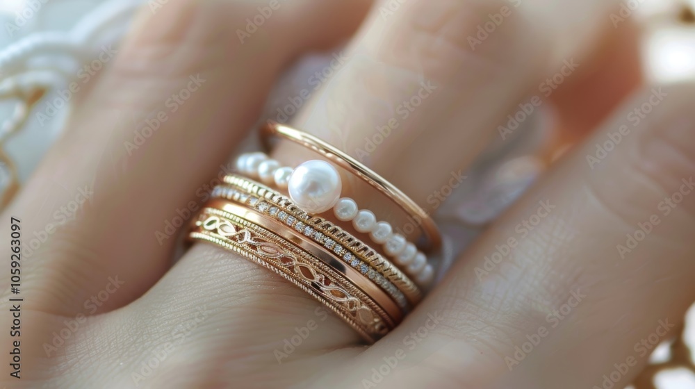 Aufkleber a set of stackable rings featuring delicate lace textures and stunning pearls adding a playful and r