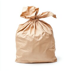 Obraz premium A crumpled, brown paper bag tied at the top, appearing full and slightly unkempt, set against a plain white background.