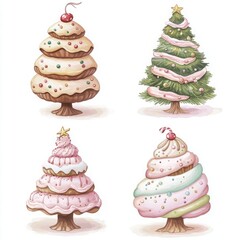 Four whimsical dessert trees decorated for festive occasions.
