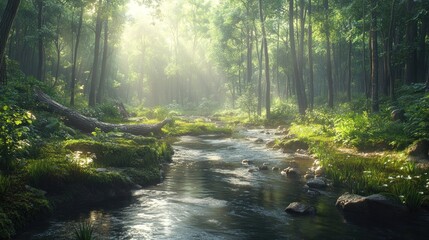 Fototapeta premium Sunbeams illuminate a lush, green forest, casting a golden glow on a stream.