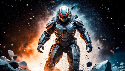 Fototapeta premium Astronaut, alien, robot in armored spacesuit in action on on asteroid surface. Starship troopers, star wars, space exploration, space science. Explosion, unfriendly planet, space war