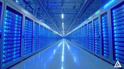 Data center interior with blue lighting and rows of servers in a modern facility.
