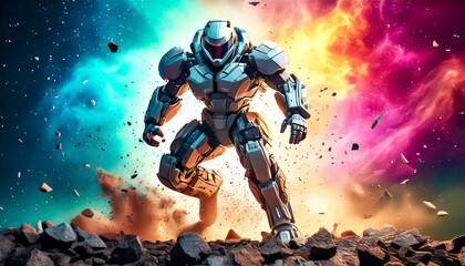 Fototapeta premium Astronaut, alien, robot in armored spacesuit in action on on asteroid surface. Starship troopers, star wars, space exploration, space science. Explosion, unfriendly planet, space war